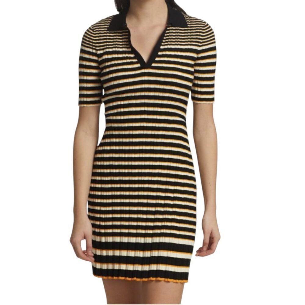 Theory Women's M Striped Rib-Knit Mini Polo Collared Dress in Soap Cedar Amber